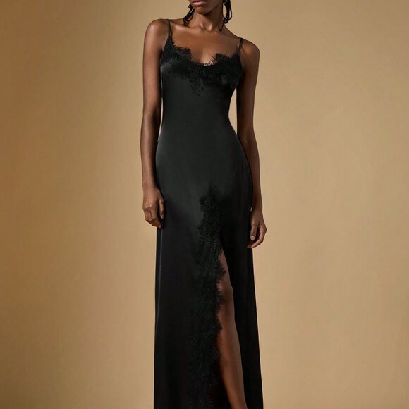 Black Preppy Women's Cold Shoulder Spaghetti Strap High Slit Lace Dress - Picture 5 of 7